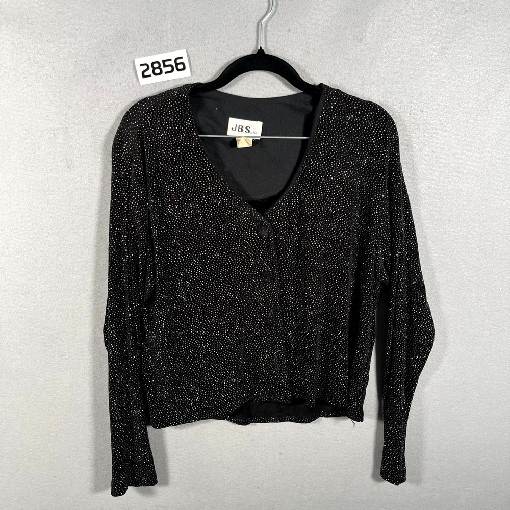 J.B.S. Cardigan Sweater Womens‎ 8 Black Sequin Knit Acetate V Neck Button Front